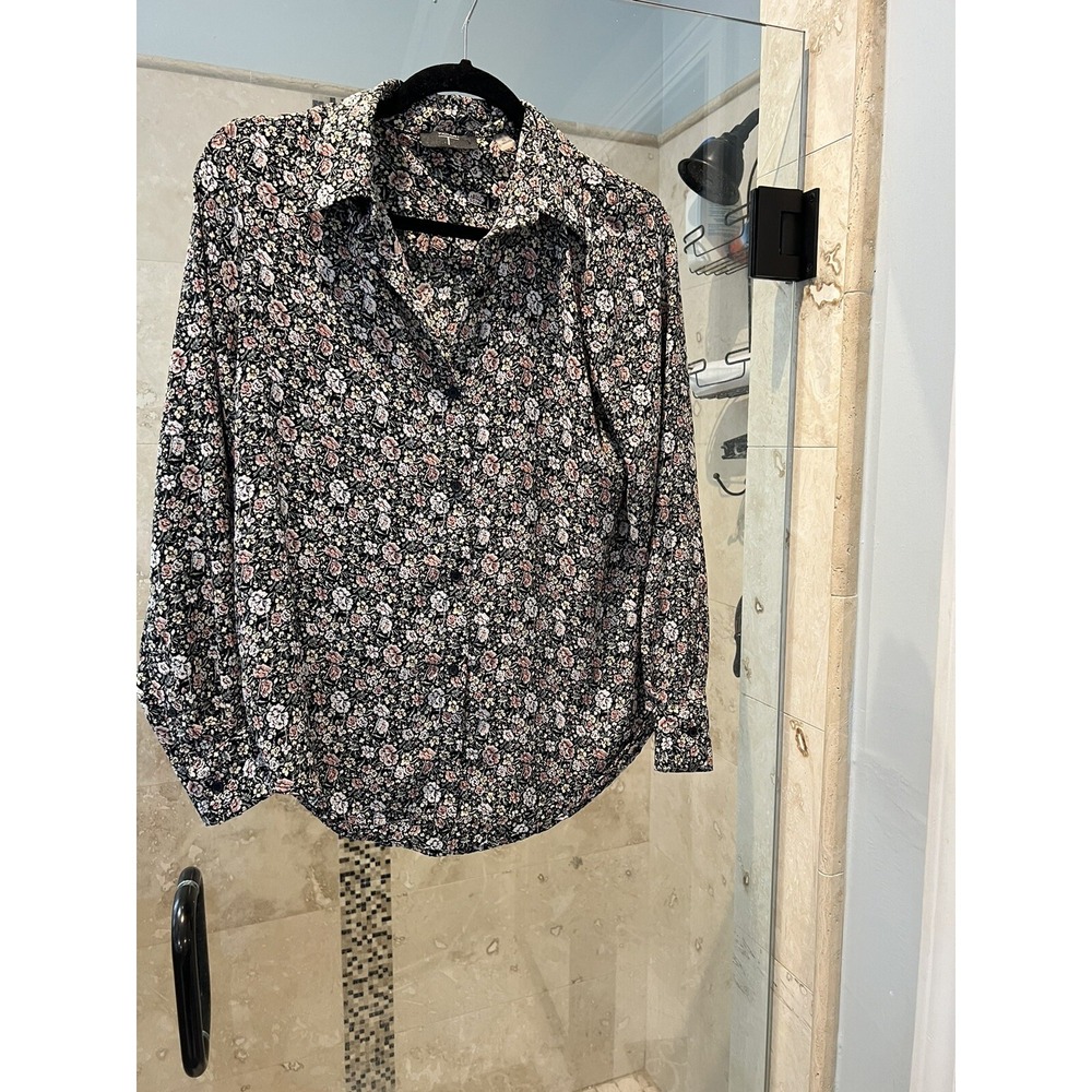 T Tahari Women Pink Green Floral Chiffon Long Sleeve Blouse XS